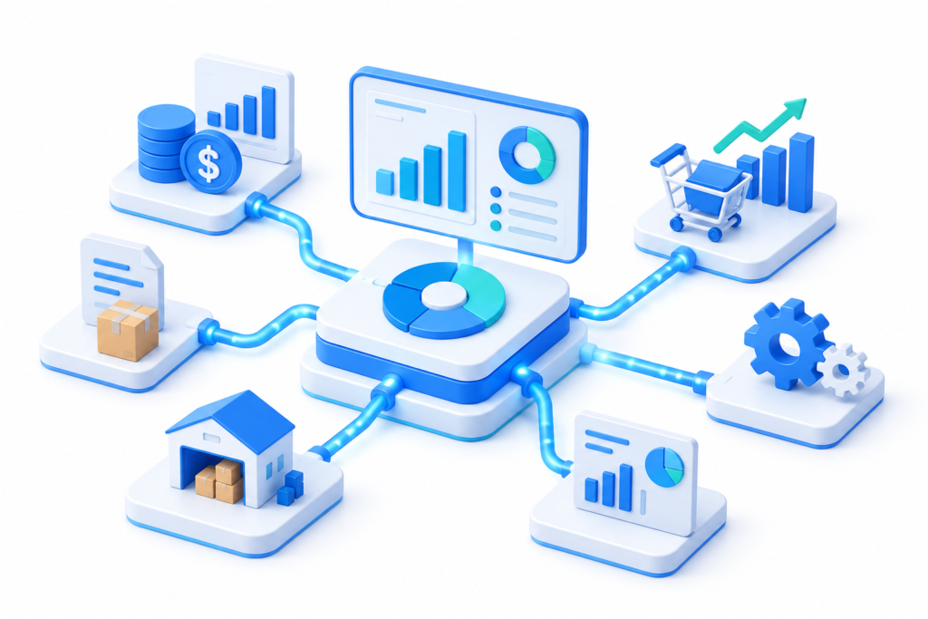 Business Central capabilities mapped to finance, sales, purchasing and inventory workflows