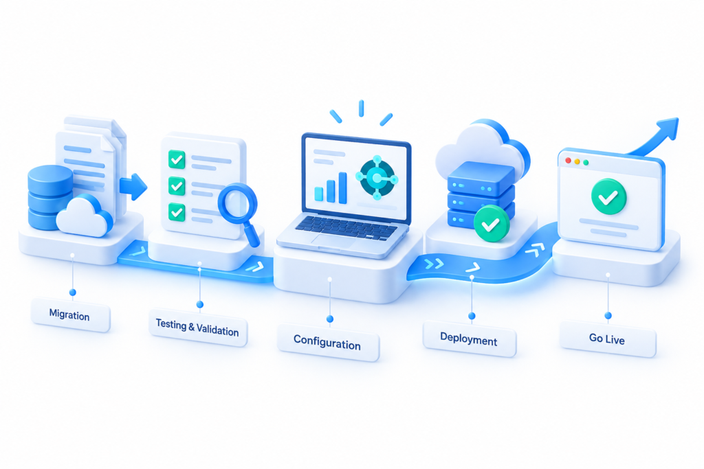 Business Central implementation phases from migration and testing to go-live