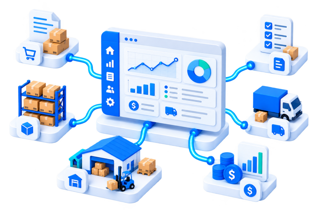 Business Central connecting inventory, warehousing, orders and finance for logistics